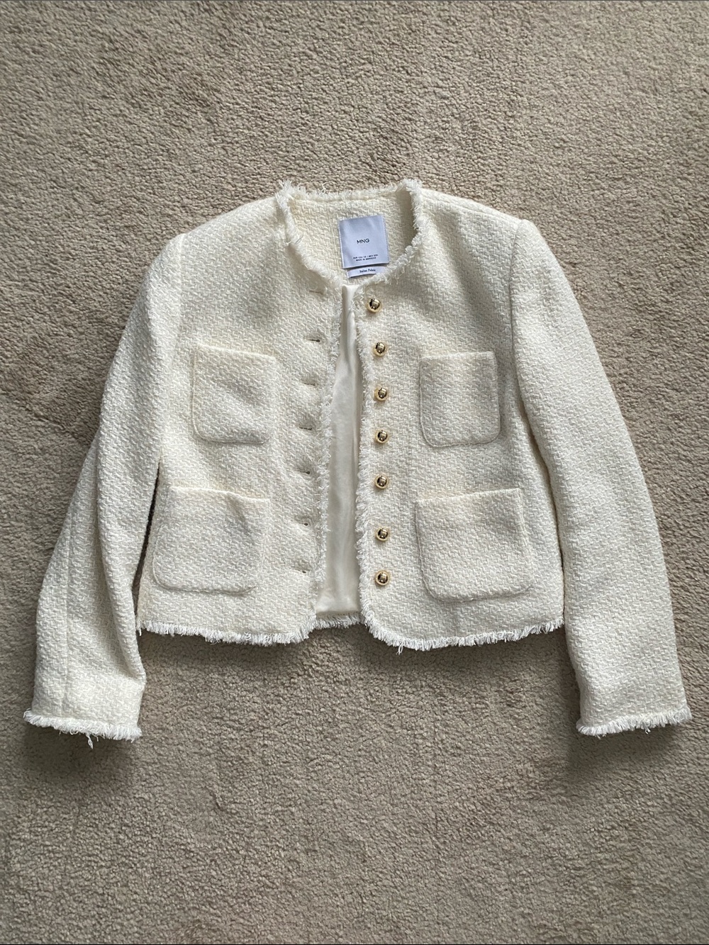 Mango Ivory Tweed Boxy Jacket with Gold Buttons